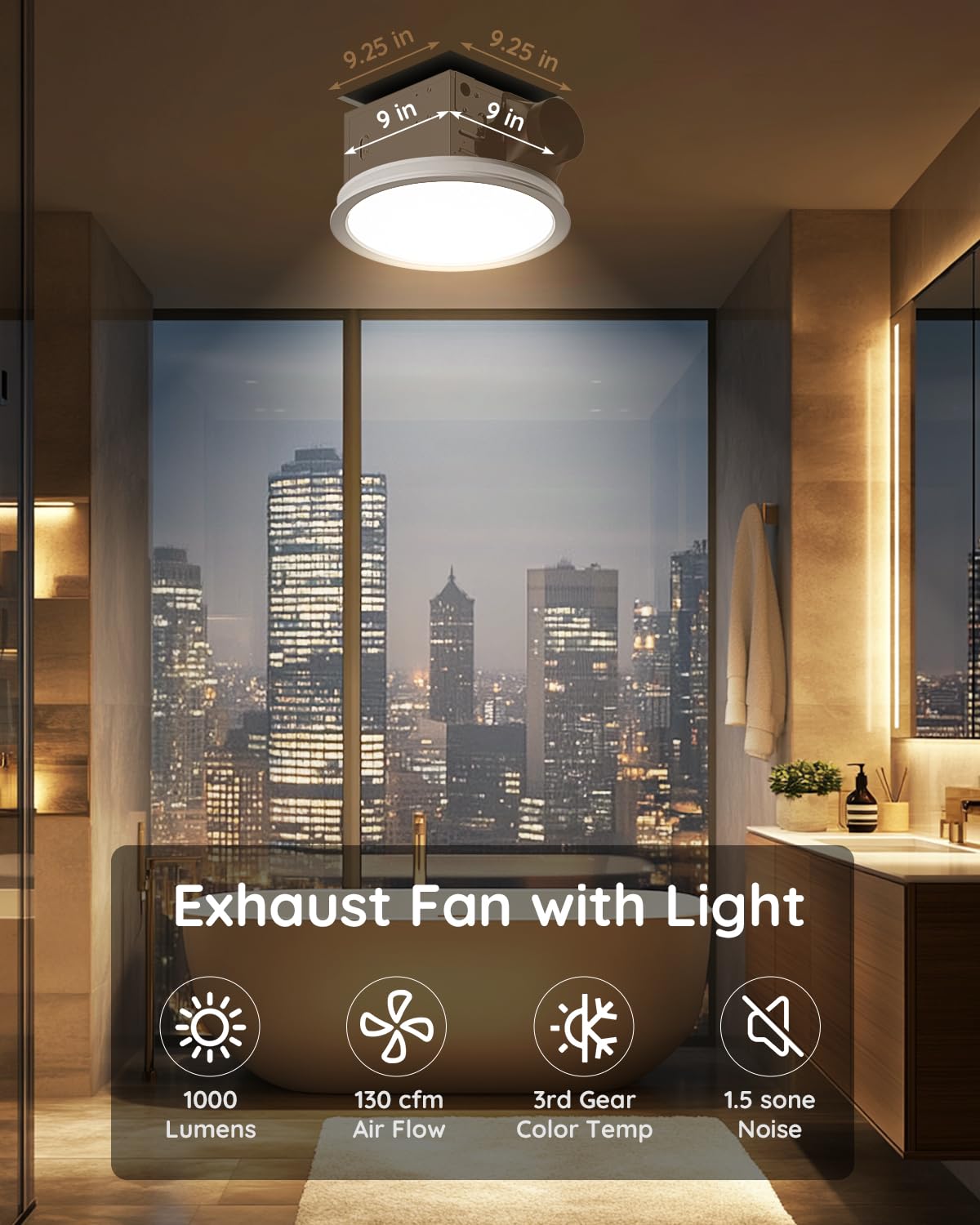 Fitop Bathroom Exhaust Fan with Light,130 CFM 47W 1100LM Ceiling Mount Shower Ventilation Exhaust Fan, 1.5Sones Bathroom Vent Fan with Light, Fan LED Light 3000K/4000K/5000K