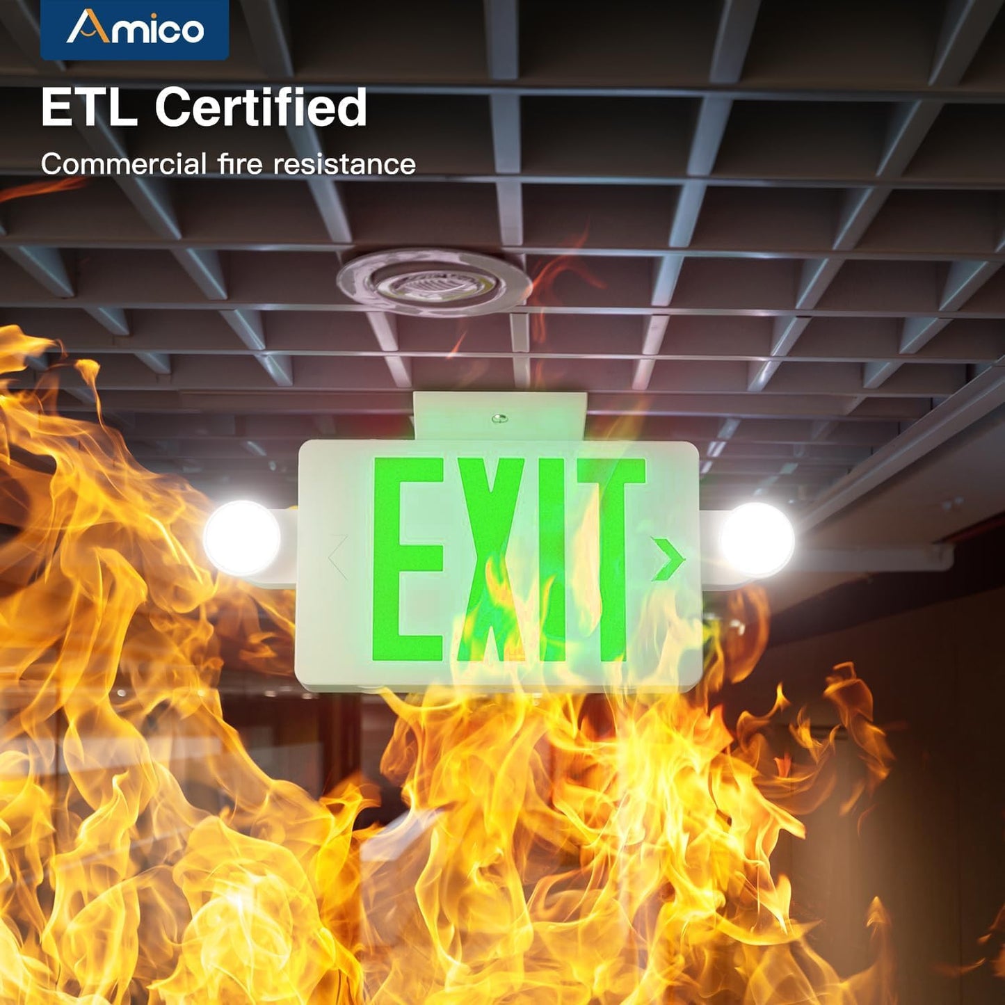 Amico 12 Pack Green Exit Signs with Emergency Lights, Commercial Grade 94V-0 Fire Resistant, Two LED Adjustable Heads, 90-Minute Battery Backup, ETL Certified 120/277V, Wall or Ceiling Mount