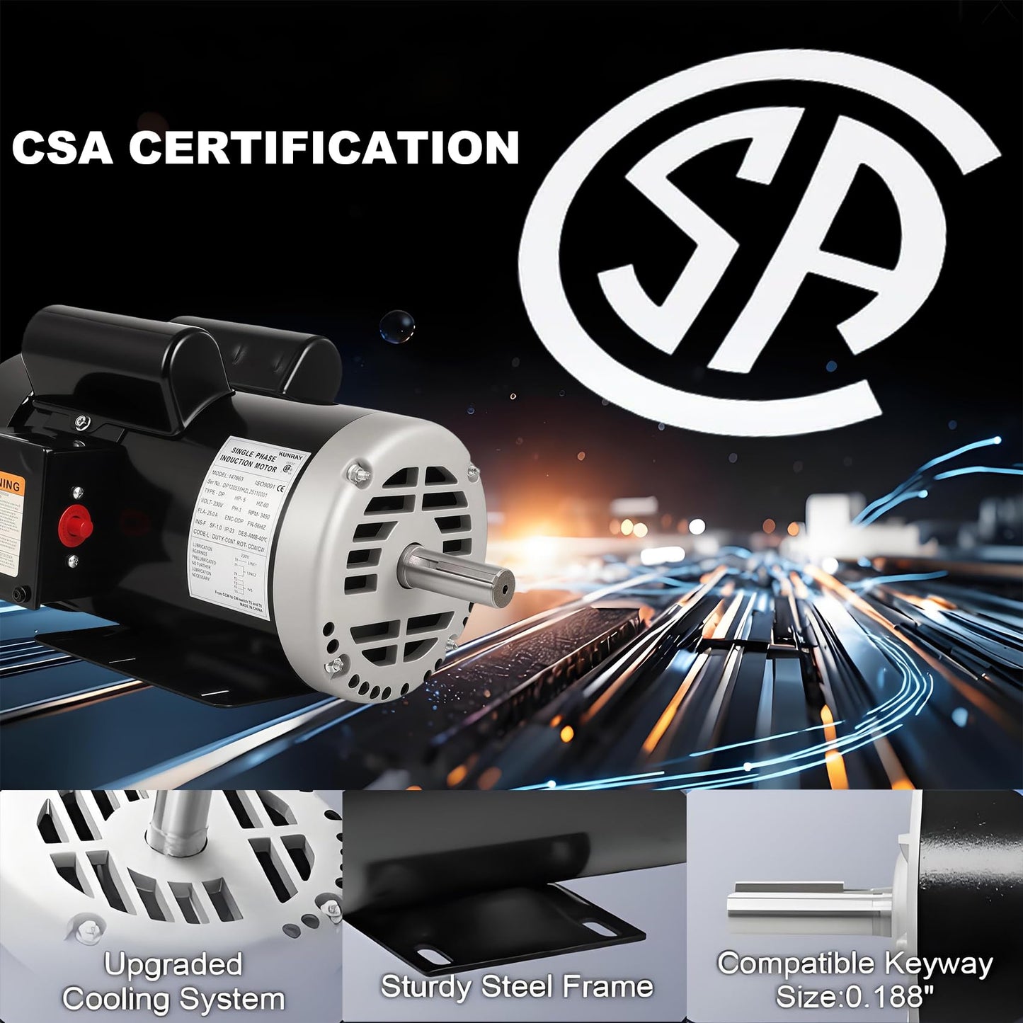 Kunray 5HP Air Compressor Electric Motor, 230V 25 Amps, 56HZ Frame 3450RPM, 7/8" Keyed Shaft, 2.25" Shaft Length, Single Phase, CCW/CW (Factory Setting is CCW)