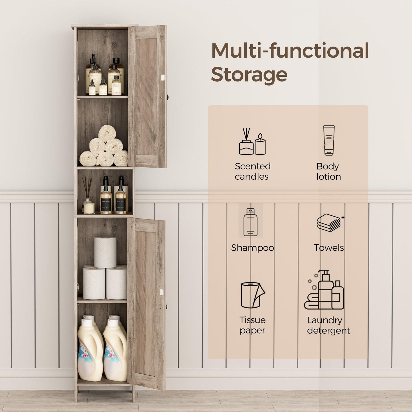 Homleke Tall Bathroom Storage Cabinet with 2 Doors, 67"H Narrow Storage Cabinet with Adjustable Shelves& Anti-Tip Design, Reversible Door Installation, Easy Assembly, 11.8 x 11.8 x 66.9 Inches, Greige