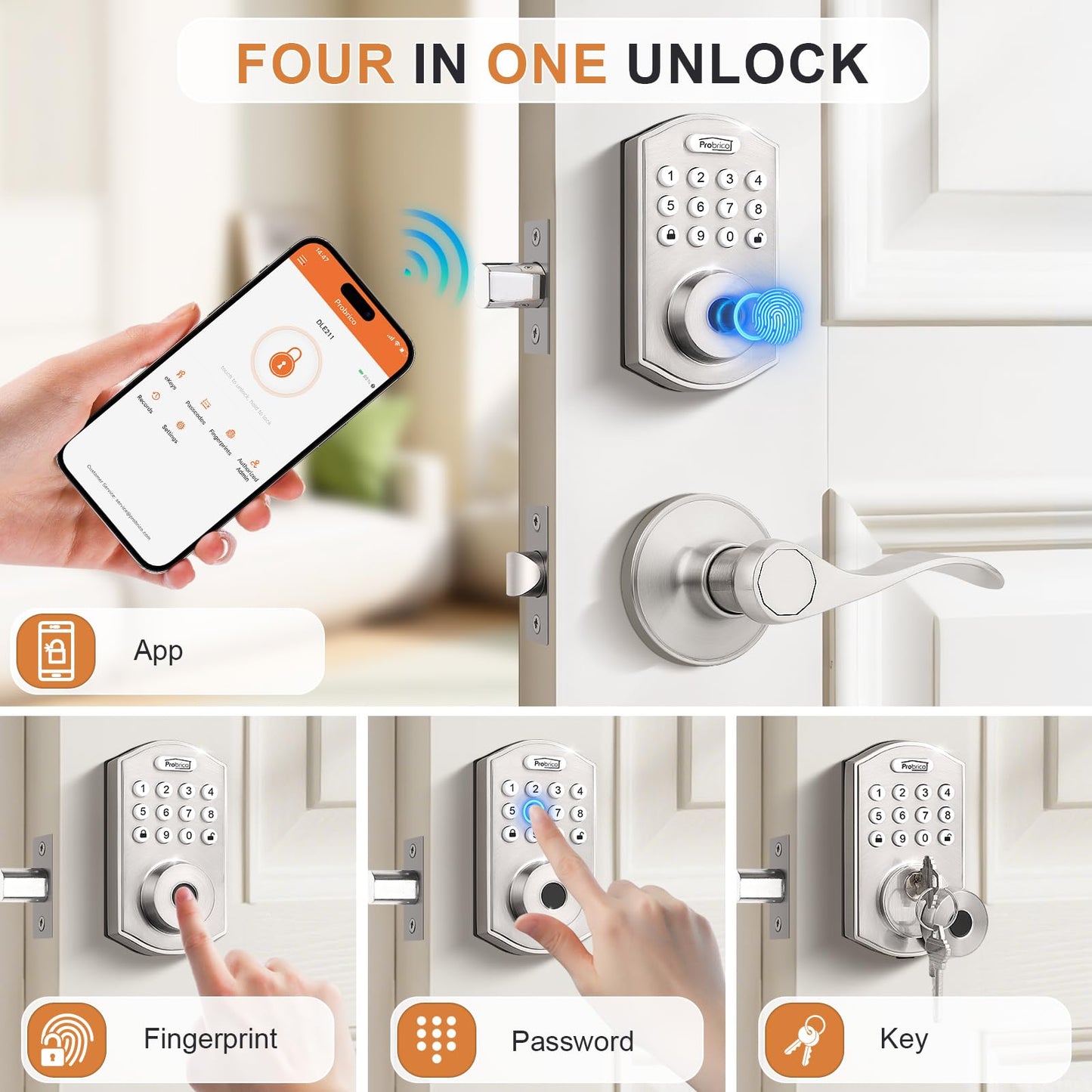 Probrico Smart Door Lock Satin Nickel Keyless Entry Door Lock, Keypad Door Lock with Handle Fingerprint Deadbolt Handle Set