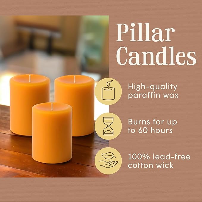 Mister Candle Dripless Unscented Orange Pillar Candles, Set of 3 Hand Poured Solid Color Non-Scented Candles for Home Decor, Premium Wax, 60 Hr Burn Time - 3x4 Inch, Orange