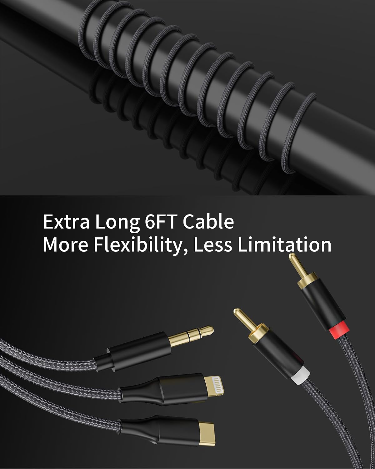 [3-in-1 C/3.5mm 2 (3.9FT) RCA Audio Cable] Lightning/USB to RCA Compatible with iPhone, Android, Home Theater, Car