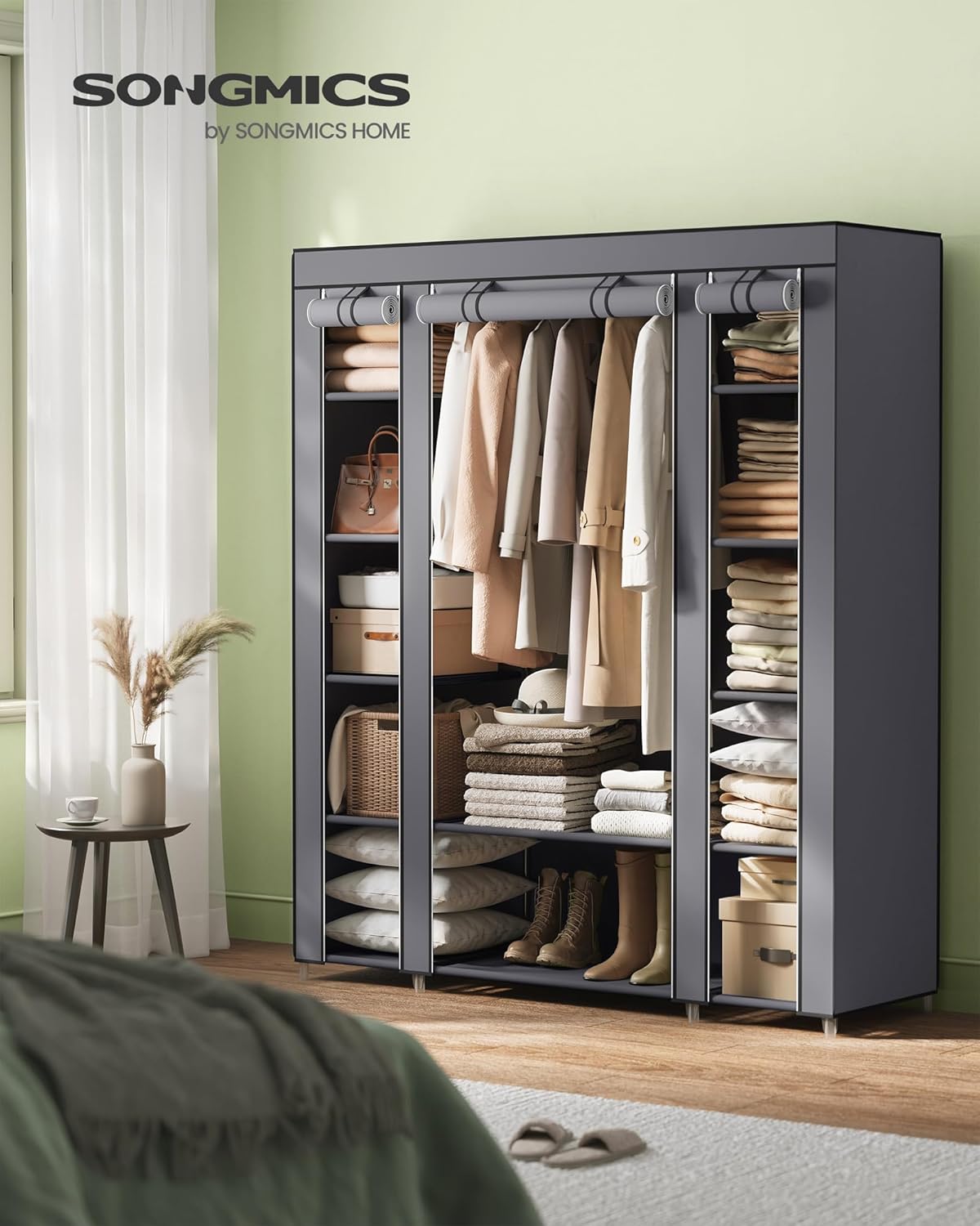 SONGMICS Portable Closet Wardrobe - Non-Woven Fabric Cover Clothes Organizer, 59 x 17.7 x 69 Inches, Gray