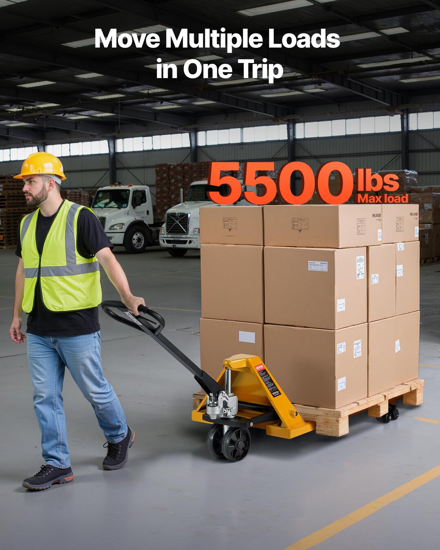 VEVOR Pallet Jack, 5500 lbs Load Capacity, Manual Pallet Truck with 48L x 27W Inch Forks for Material Handling, 3.35-7.1 Inch Fork Lift Height Range, Suitable for Warehouse, Supermarket, Manufacturing