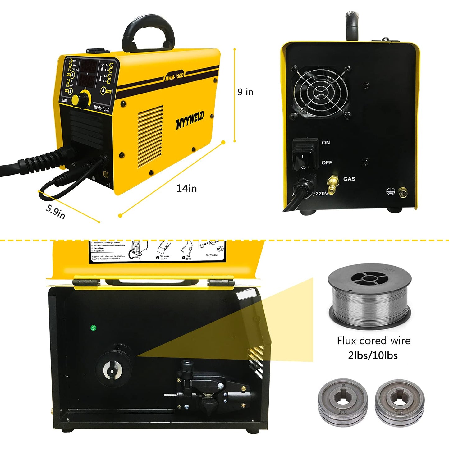 MYYWELD MIG Welder, 110/220V Dual Voltage Gas Gasless multiprocess welder, 4-in-1 Solid Wire/Flux MIG/Stick ARC/Lift TIG, IGBT Inverter Welding Machine
