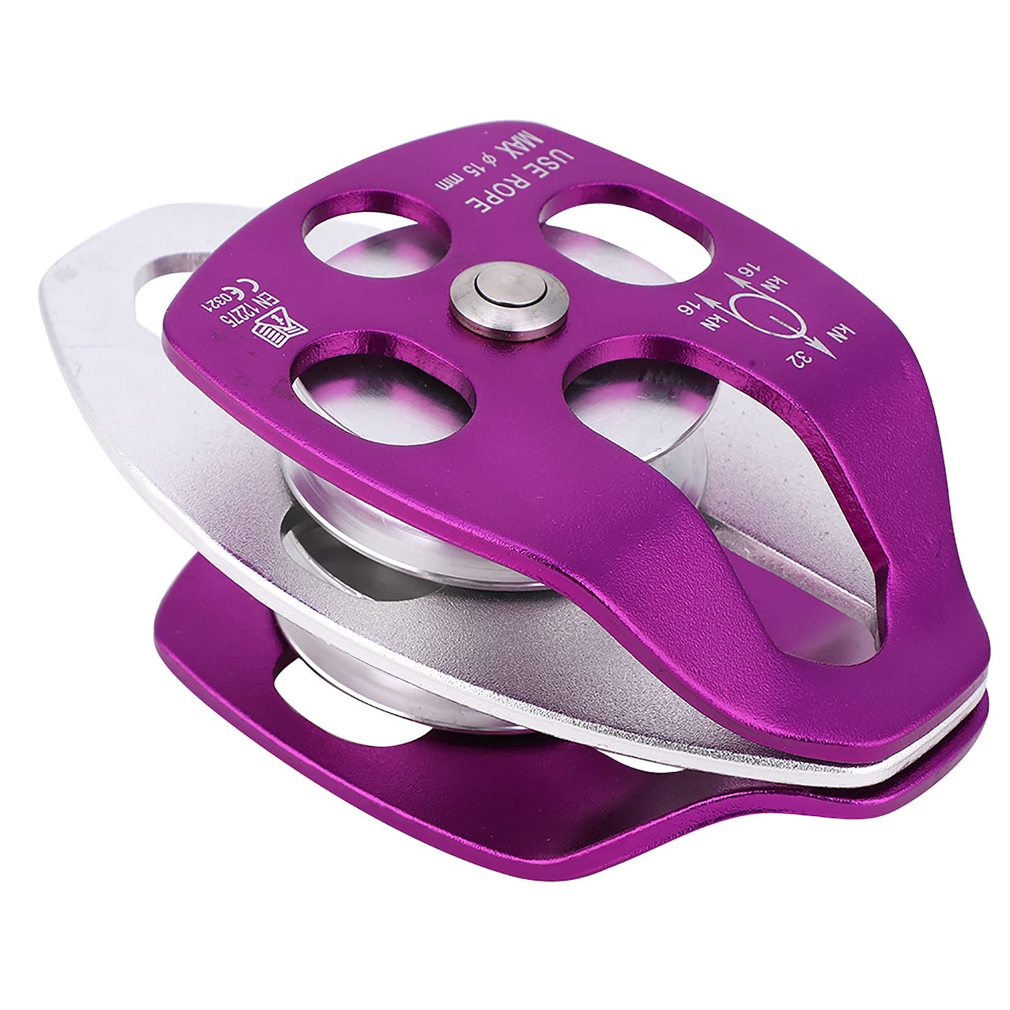 equlup Double Pulley, 32KN Load Aluminum Side Swing Pulley 15mm/0.6in 15mm/0.6in Outdoor Survival Tool for Rock Climbing, Mountaineering, Rappelling