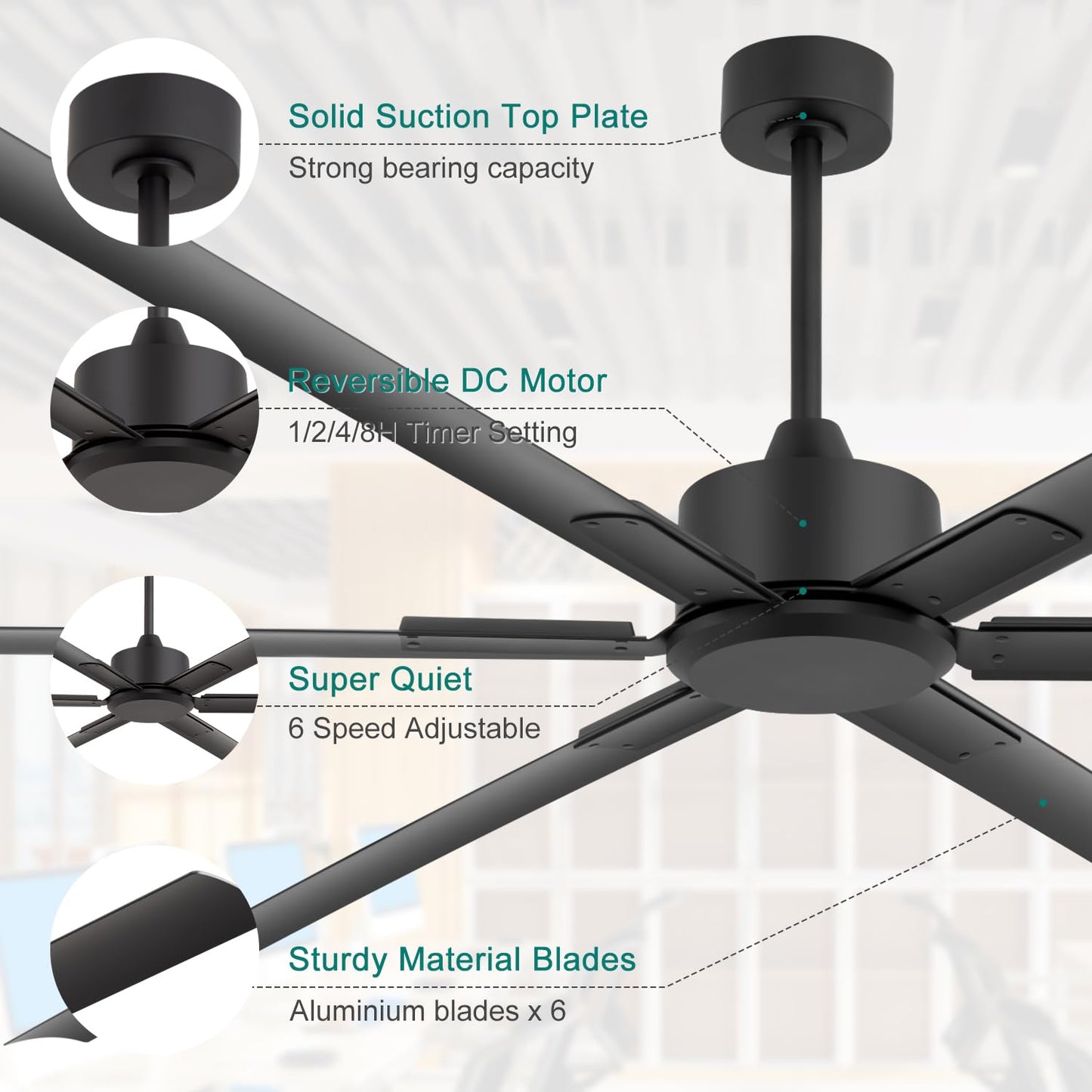 Breezary 120 Inch Ceiling Fan No Lights Extra Large HVLS 10ft Industrial Black Ceiling Fan without Light for High Ceiling Ultra-Quiet DC Motor 6 Aluminum Blades for Commercial Use Garage Warehouse Gym