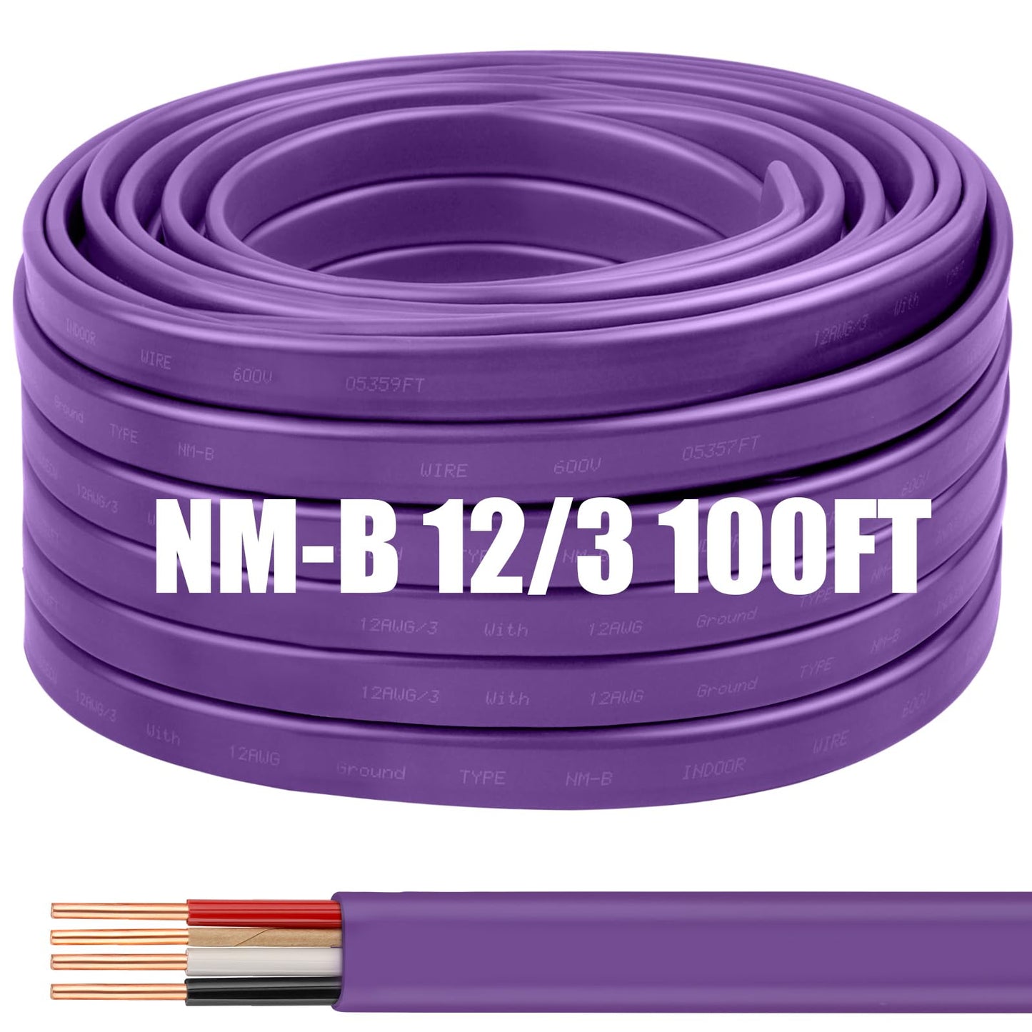 12/3 Wire with Ground - 100FT 12 Gauge NM-B Non-Metallic Sheathed Cable 100% Pure Copper 12 AWG 3 Conductor Residential Indoor Wire for Outlets, Switches, Other Loads and Lighting Wiring Projects etc.