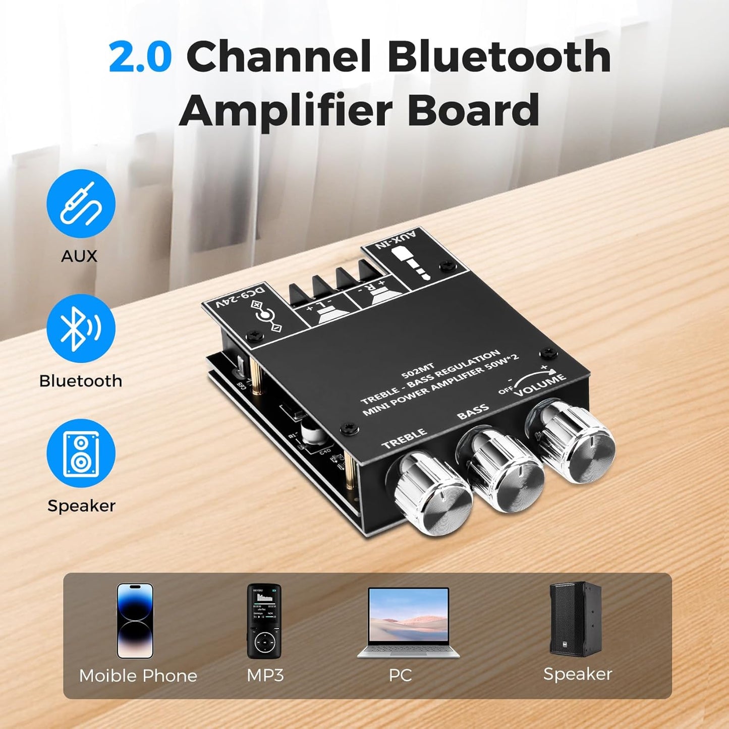 ZK-502MT Board,50W+50W 2.0 9-24V, Daakro Bluetooth Amplifier Channel Amp Board with Treble and Bass Control,DC
