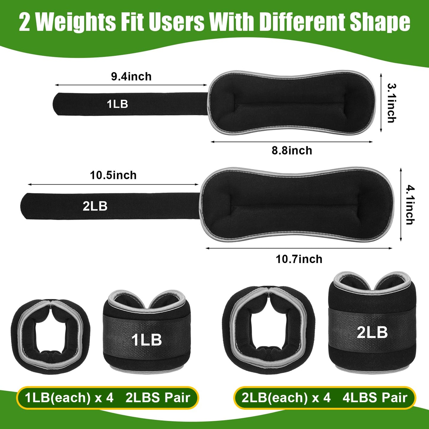 Hollowfly 4 Pairs Ankle Leg Weights Adjustable Set for Women Men, 1lb 2lb Wrist Weight Arm Fitness Wristbands Ankle Leg Strap for Gym Yoga Training Walking Jogging Running