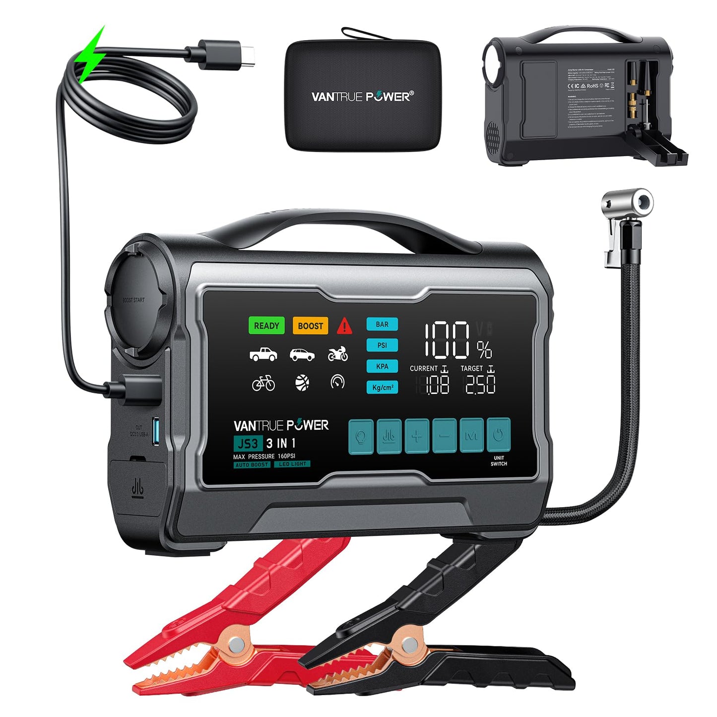 VANTRUE POWER JS3 Real 3250A Jump Starter with Air Compressor 160PSI, 12V Car Battery Booster with Display, Jump Box with Light, Support 65W Fast Charging Power Bank, 8.0L Gas/3.8L Diesel Engines