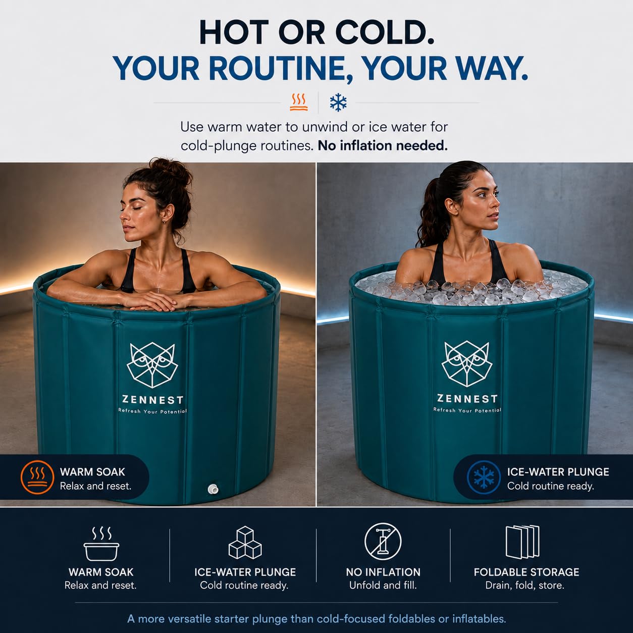 Zennest Foldable Portable Bathtub for Adults – American Design 2-in-1 Hot & Cold Plunge, 105-Gal Large Capacity Collapsible Bathtub Adult, 6-layer Insulated Portable Soaking tub - Space-saving Design