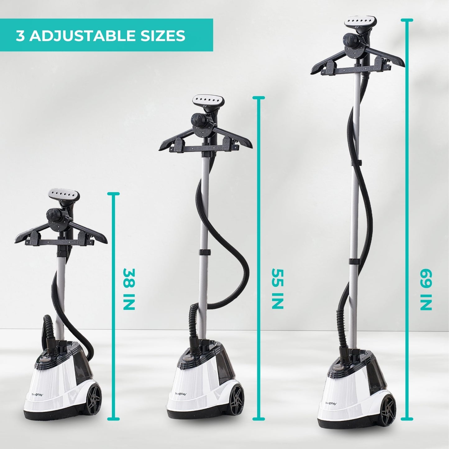 True & Tidy Heavy Duty Commercial Full Size Standing Garment Steamer for Clothes with Extra Large 3L (101 oz) Water Tank for 90+ mins of Steam Time, 1800 watts of Powerful Steam, 3 Settings, White