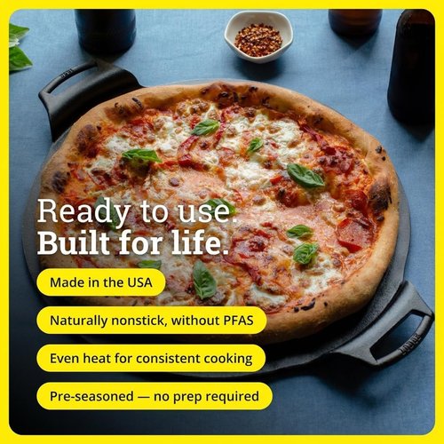 Lodge Seasoned Cast Iron Pizza Pan - 15-Inch Round Pan with Dual Assist Handles | PFAS-Free, Oven Safe