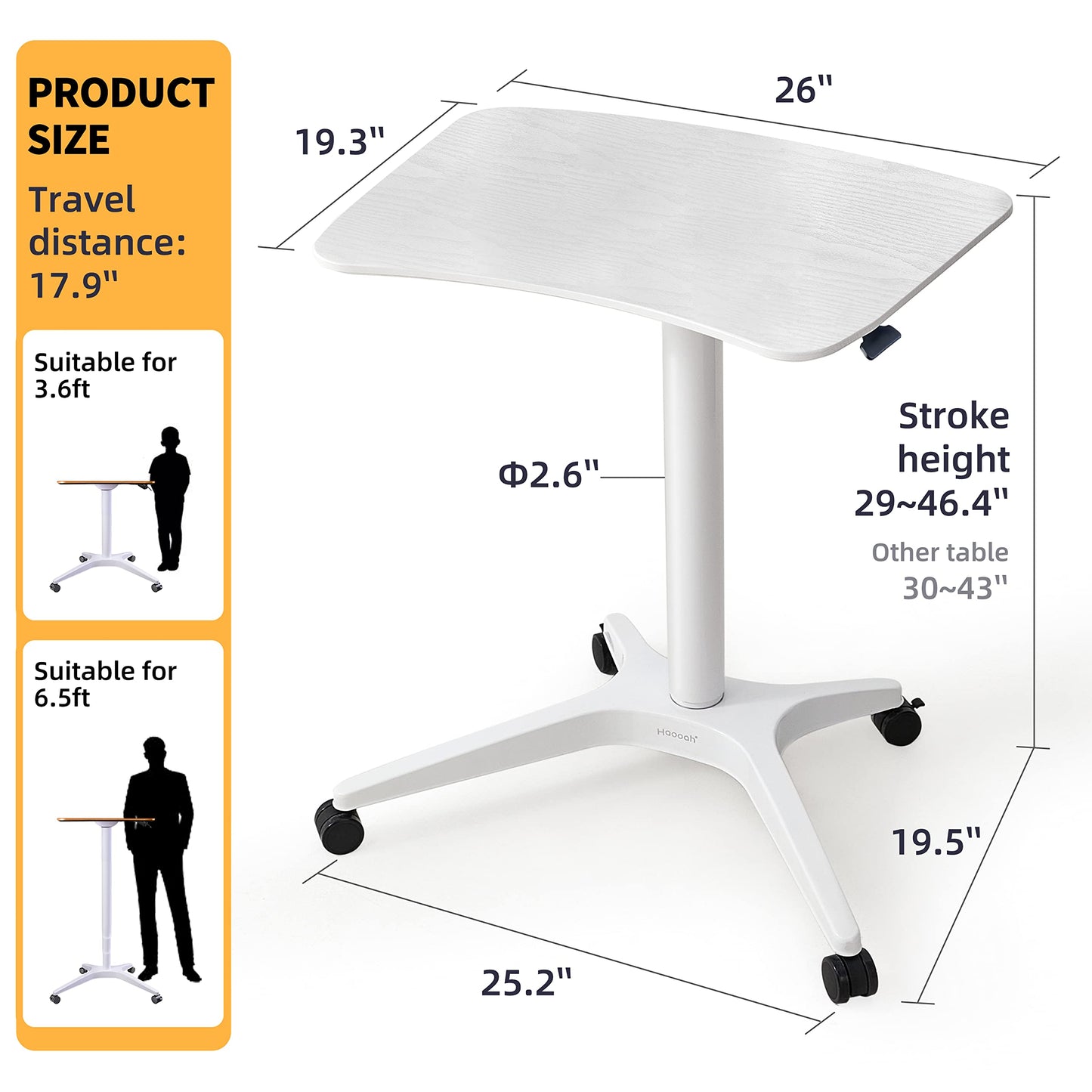 HAOOAH 47" Mobile Standing Desk(26" W*19.3" D), Adjustable Height Laptop Desk, Pneumatic Desk with Gas Spring Riser, Podium for Home, Office，Classroom，Medical, (29" to 46.9" H) (White)