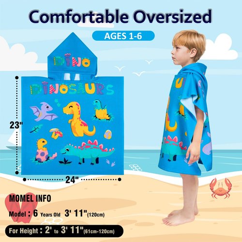 growell Hooded Kids Beach Towels - Toddler Bath Towel Girls Boys Swim Cover-ups for Ages 1 to 6 Kids Pool Towels Quick Dry Lightweight Soft Microfiber Poncho Towel 24x23 (Dinosaur Sky Blue)