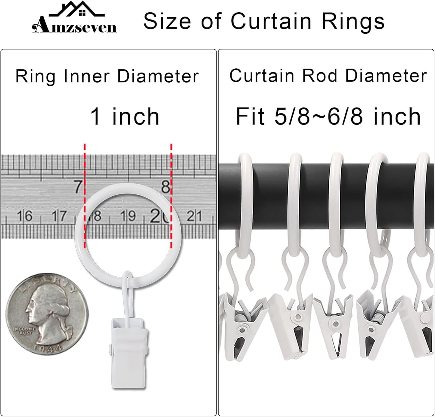 Skiennix 44 Pack Metal Curtain Rings - Durable Drapery Clips with 1 Inch Inner Diameter, White