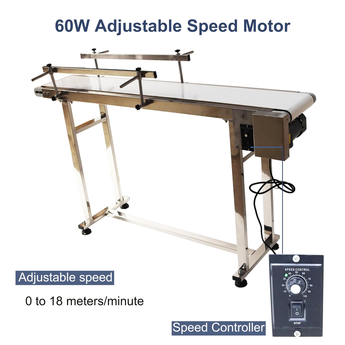 BREVELTION PVC Flat Belt Conveyor Stainless Steel Industrial Transport Conveyor Adjustable Speed Conveyor with Double Guardrails Conveyor Length 53.15inch Width 7.87inch Load 22LBS 60W