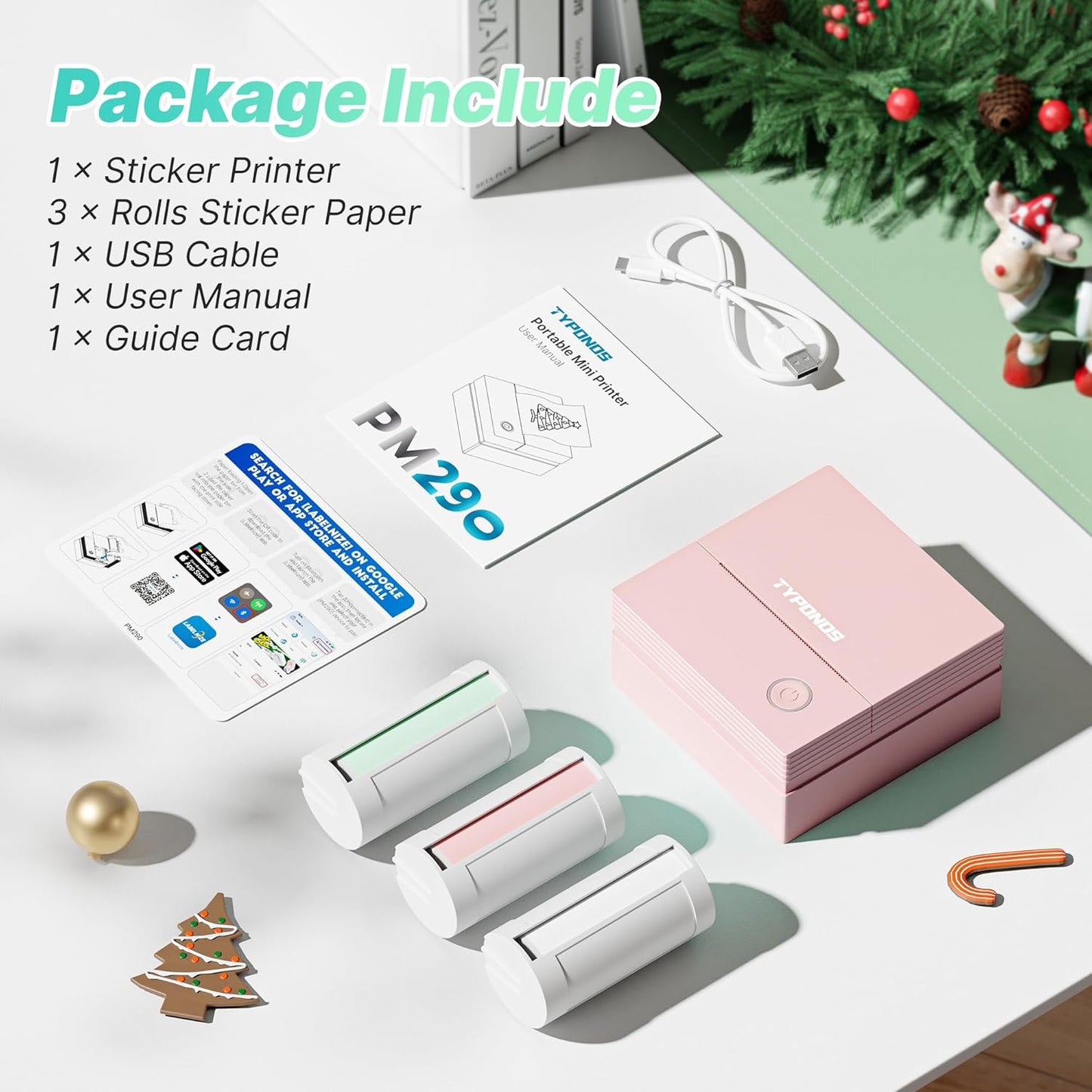 TYPONOS PM290 3 1 Pack Sticker Printer, Mini Printer, Bluetooth Sticker Maker Machine with Rolls Paper, Smart AI APP