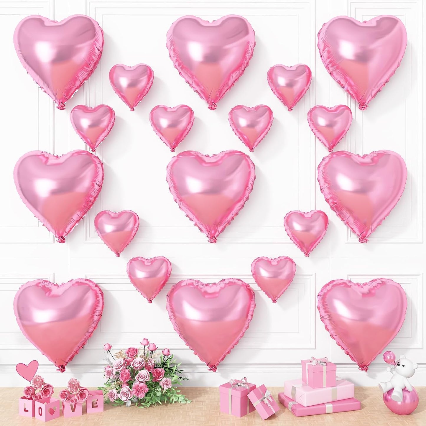 Skiennix Pink Heart Balloons - 19PCS 18-Inch & 10-Inch Mylar Foil Balloons for Weddings & Birthdays
