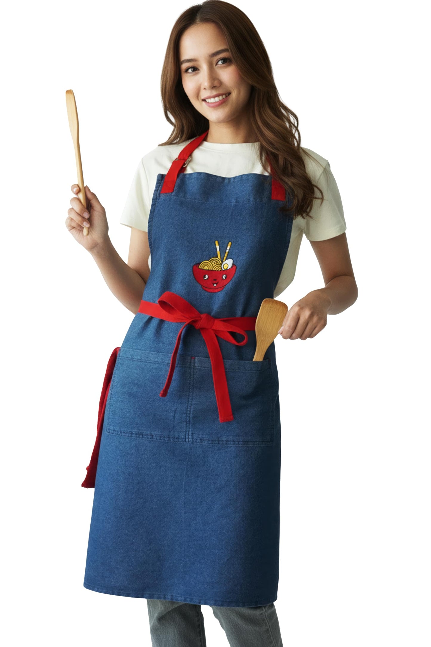 Denim Blue Kitchen Apron with Attached Red Terry Towel – 100% Cotton Denim Chef Apron for Men & Women with 2 Pockets, Adjustable Neck & Long Ties – Durable Barista, BBQ & Cooking Apron
