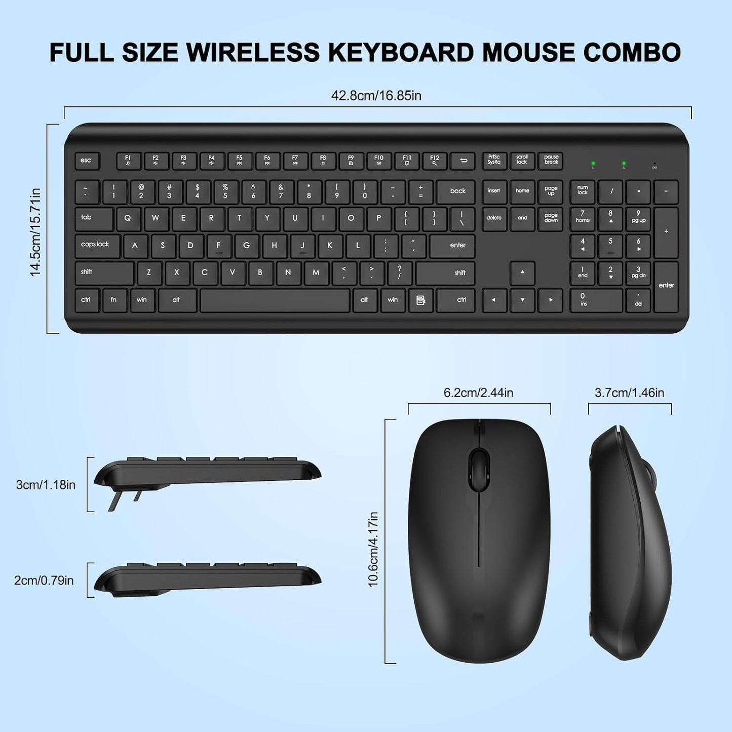QUASIO 2.4GHz Wireless Keyboard and Mouse Combo, Full-Size Silent Ergonomic Keyboard and Optical Mouse, Long Battery