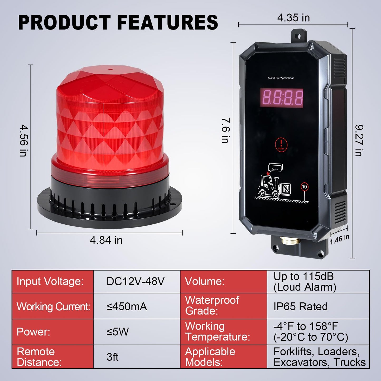 eTzone Forklift Overspeed Alarm System with 3-Level Speed Alert, 115dB Siren Warning Light, Admin-Only Remote, IP65 Waterproof for Warehouse Industrial Safety, DC 12-48V