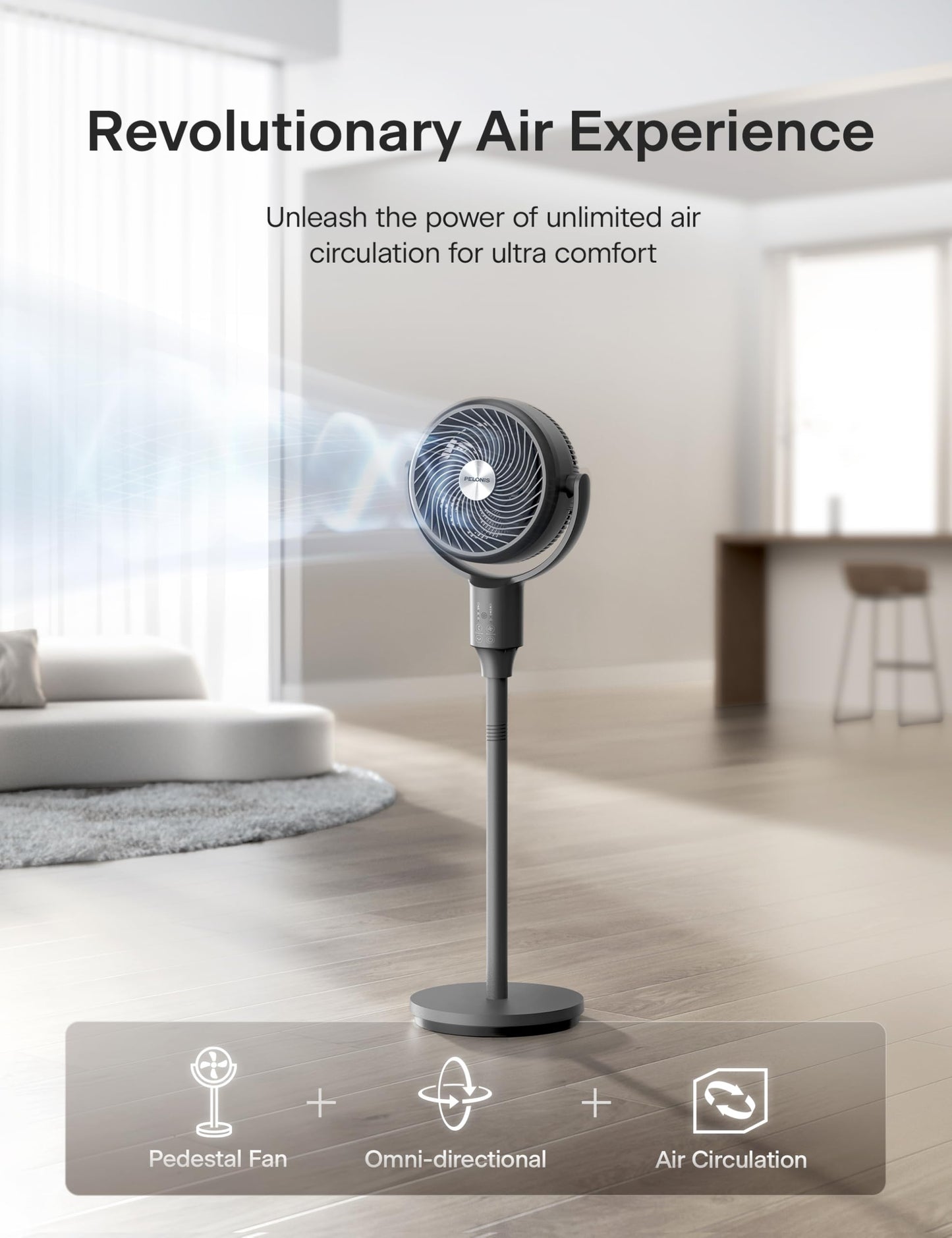 PELONIS Pedestal Fan, Air Circulator, Ultra OmniFlow (135°+90°Auto Oscillation), Quiet Floor Fan with 3 Speeds, Remote, 7H Timer, Memory Function, Adjustable Height, Standing Fan for Bedroom