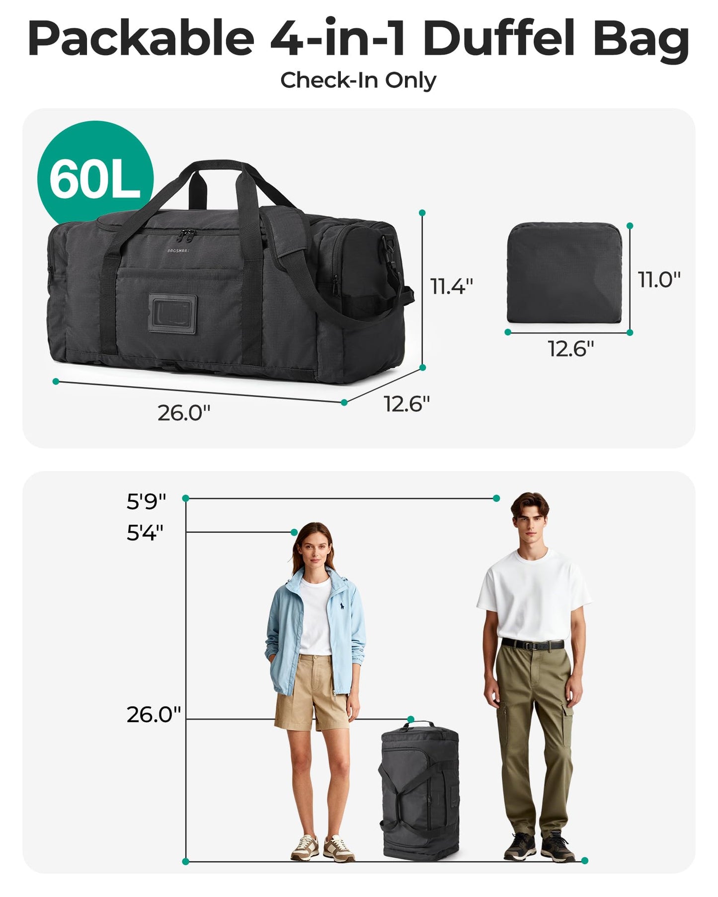 BAGSAMRT 60L Foldable Duffle Bag for Travel, Large Travel Duffel Bag for Men, 4 in 1 Travel Backpack, Carry on Weekender Bag, Black
