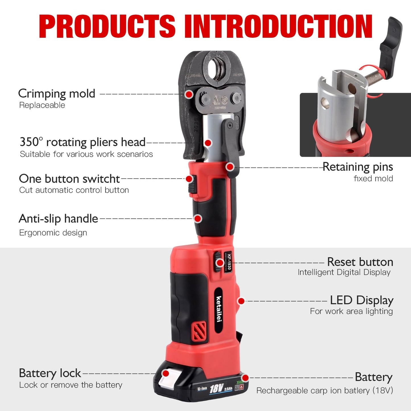 ketailei Pro Press Copper Pipe Crimping Tool Kit - 2x 5.0Ah Battery Powered - 1/2" 3/4" 1" US Standard Jaws - Cordless Electric Hydraulic Copper Pipe Crimping Tool for Plumbers（KF-1930）