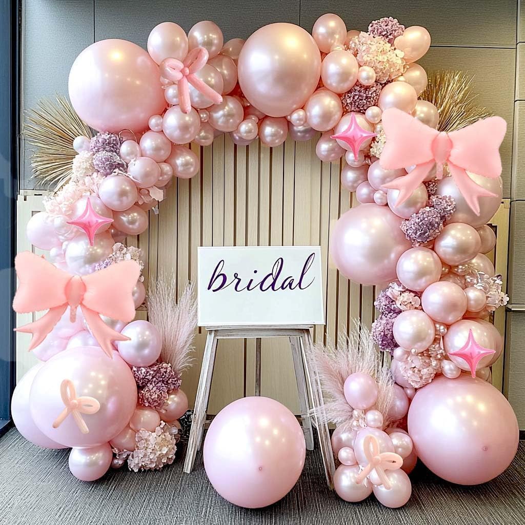 Skiennix Pearl Pink Balloon Arch - Light Pink Foil Bow & Star Balloons for Birthday & Baby Showers