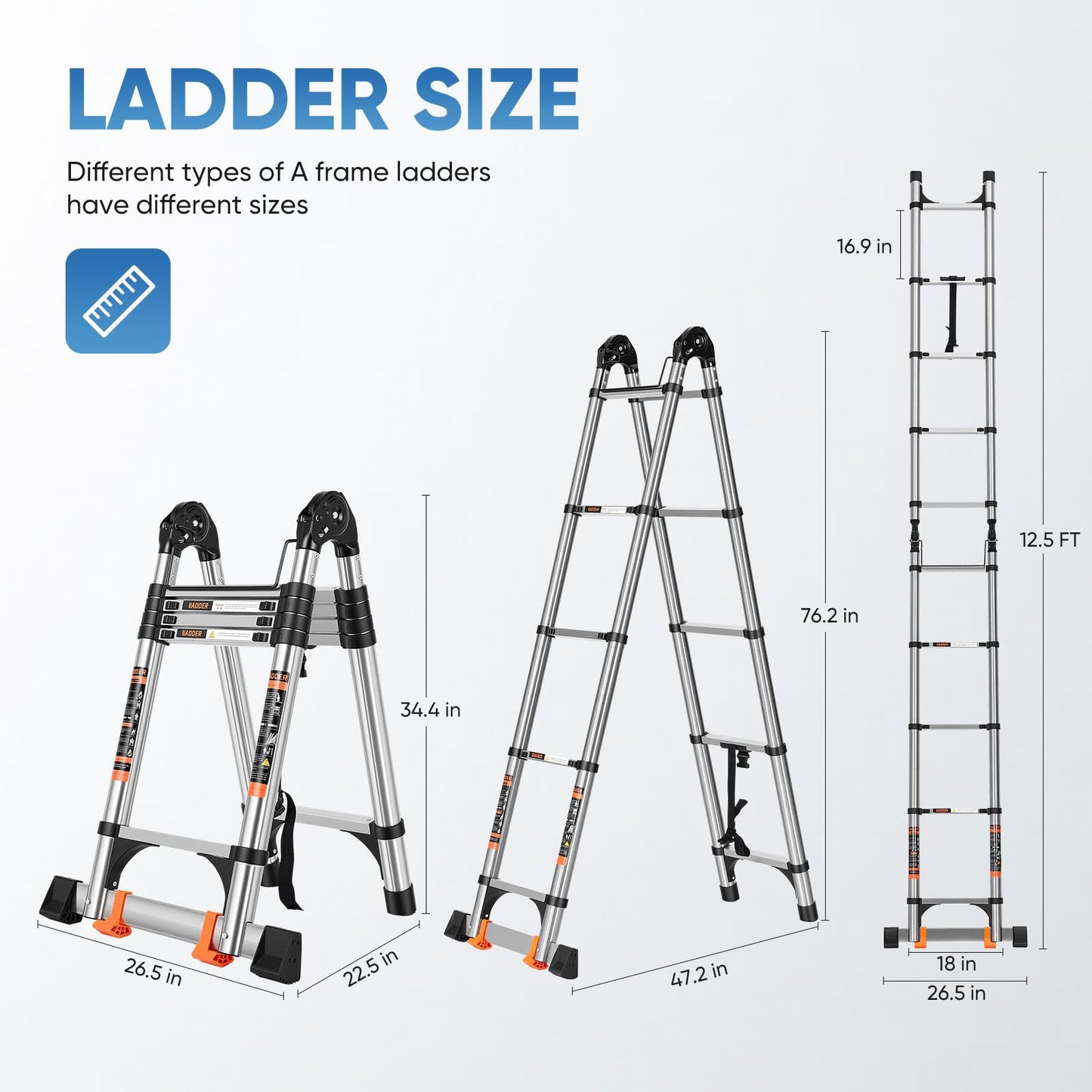 Telescoping A Frame Ladder 12.5 Ft, Collapsible Ladder with Hooks, Multi-Position Folding Step Ladder – Heavy Duty 330 lbs, Telescopic Extension Ladder for Home, RV, Roof, Travel, Storage
