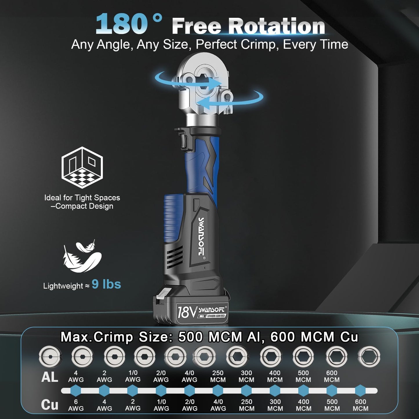 SWANSOFT Electric Hydraulic Crimping Tool, 6Ton 6AWG-600MCM Continuously Crimp Hydraulic Wire crimper for Cu/Al Terminal, Crimp 30000 Times Wire Cable Lug Crimping Tool Kit with 11 Dies (600B)