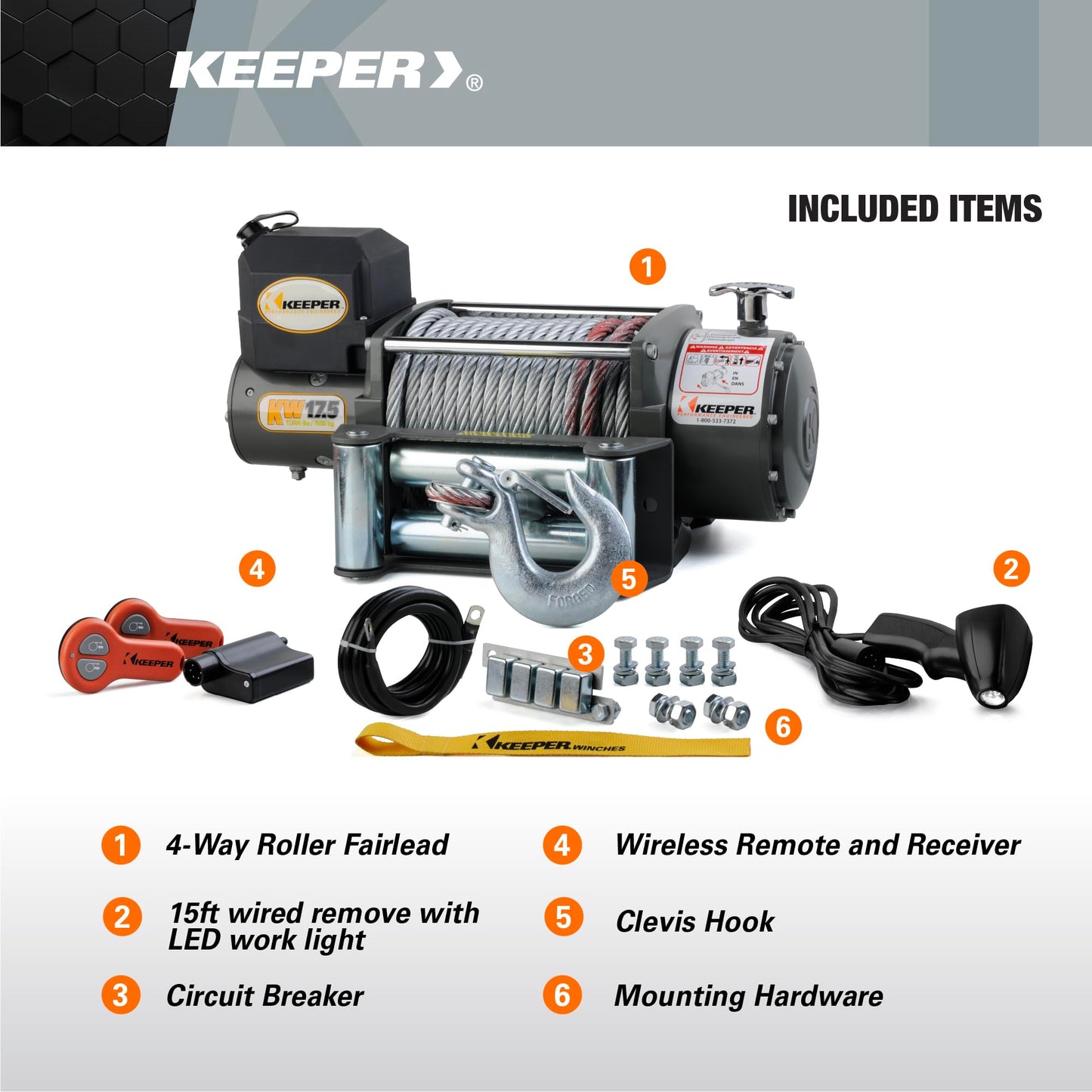KEEPER KW 17.5 Electric Winch 17,500 lb 12V DC with Wireless Remote, Heavy-Duty Single Line Pull for Trucks, Jeeps, and SUVs, High-Performance Recovery Winch with Weather-Resistant Steel Cable