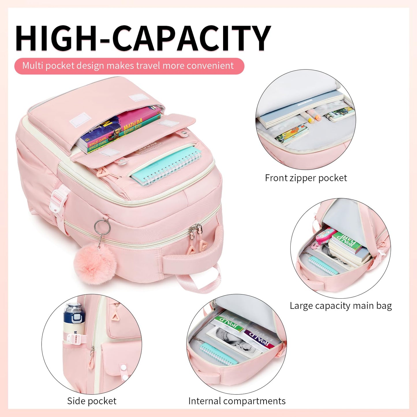 CYOQX School Backpack for Girls Cute Backpack Elementary Middle School High School Teenage Girls Schoolbag (Pink)