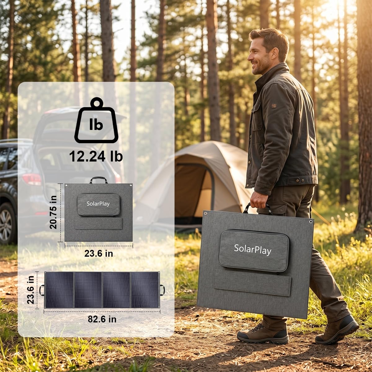 SolarPlay 200W Portable Solar Panel IP65 Waterproof Design, 19.8V Foldable Solar Panel (12.24lb), 25% High-Efficiency Monocrystalline Solar Cell, IP65 Waterproof for RV, Camping, Home Backup