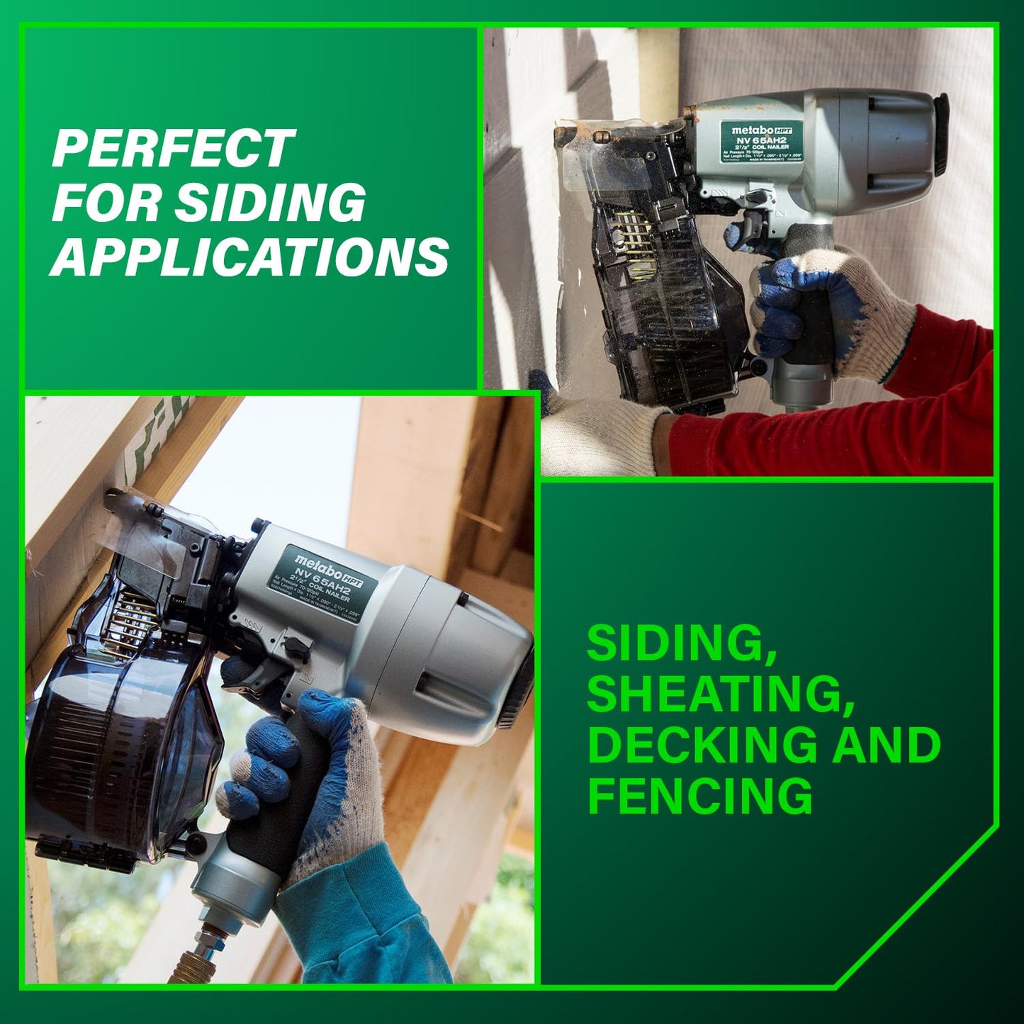 Metabo HPT Coil Siding Nailer, Pro-preferred Pneumatic Power Nailers in Siding Tools, For Sheathing, Decking & Fencing, 15° Plastic Collated Nails and 16° Wire Coil Nails, NV65AH2