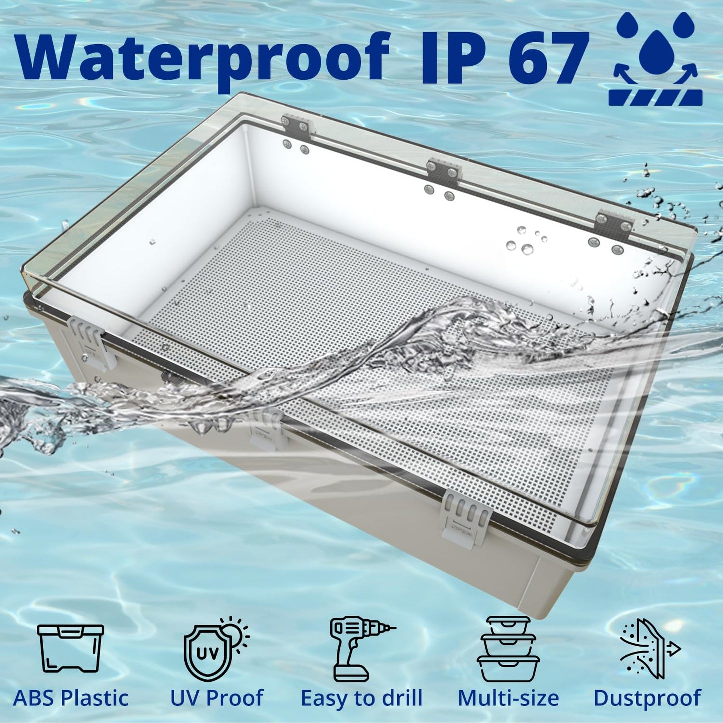 MAKERELE Extra Large Outdoor Electrical Box Waterproof IP67 large Junction Box 2 NPT 1”Glands and Adjustable Clamp*2 Hinged Cover Waterproof Clear Box (23.6"*19.7"*8.7")