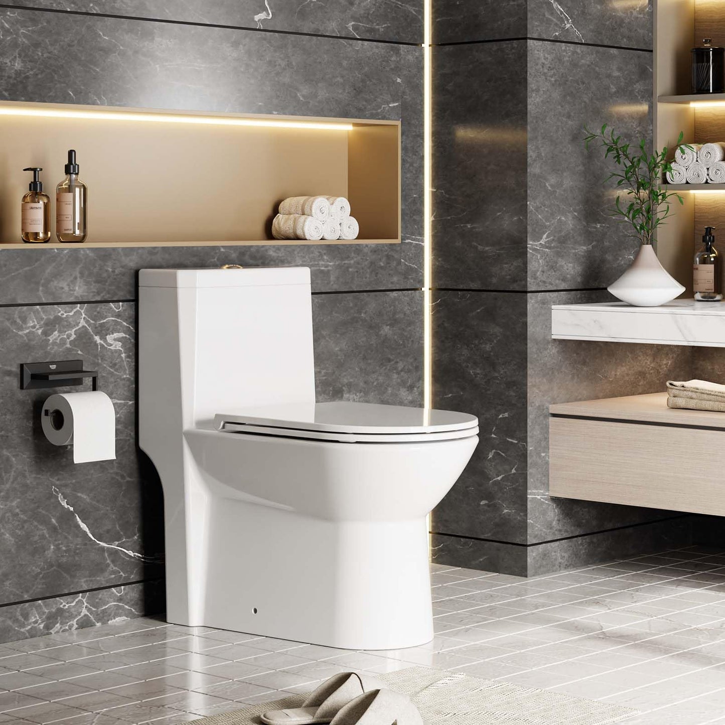 Toilet Two-Piece Round, Side Flush Handle, White Ceramic, Bottom-Lock PP Soft Close Seat, Efficient Flushing System, Easy Installation, Compact Modern Bathroom Toilet, Space Saving, Durable Design, Ea