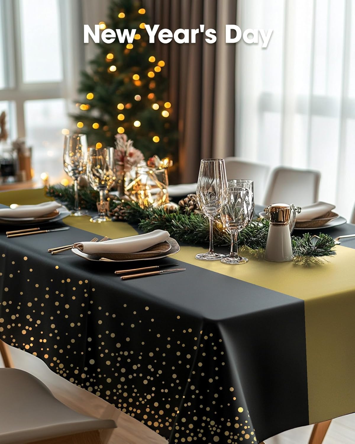 Pureegg Disposable Plastic Tablecloths - 8 Pack, 54 x 108 Inch, Leakproof & Sturdy, Black Gold for Graduation Parties