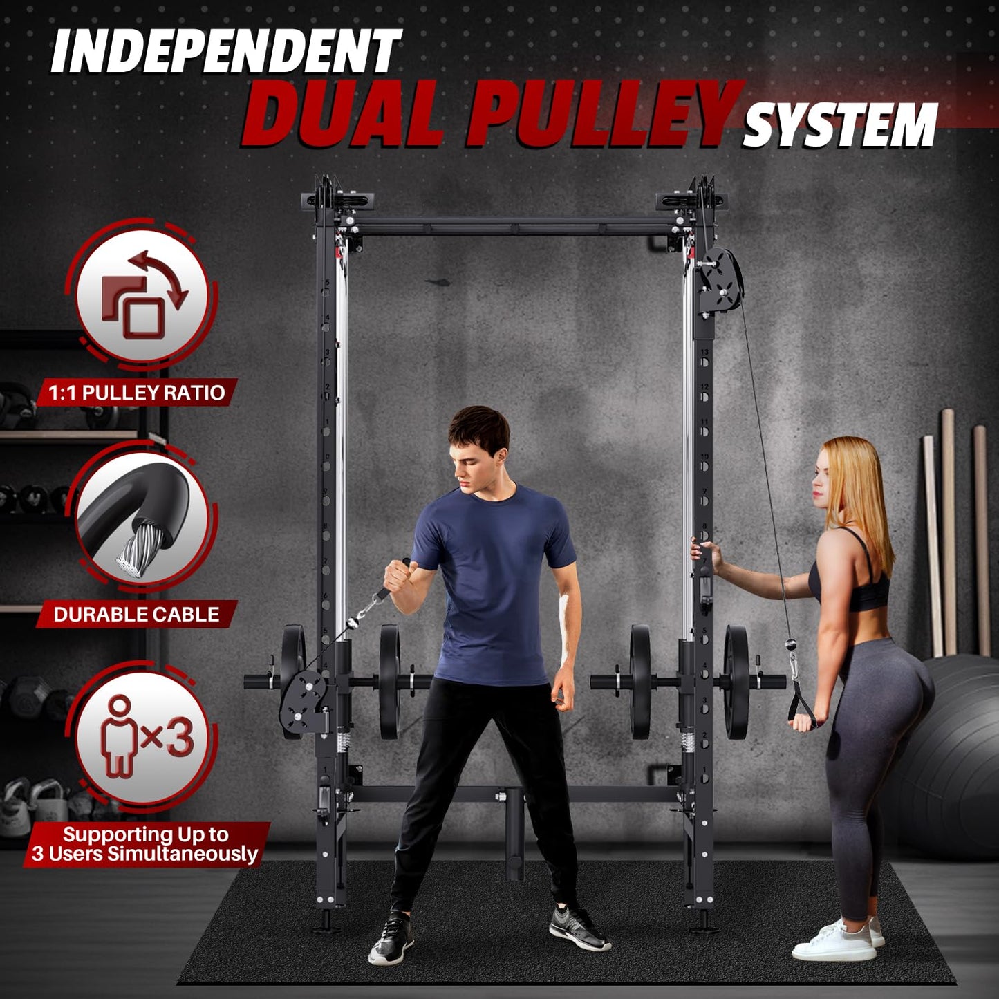 Folding Squat Rack, Wall Mounted Power Rack with Cable Crossover Machine & LAT Pull Down Multi-Function Space-Saving Power Cage with 7 Adjustable Modes/Dual Pulley System/Pull-up Bar/360°Landmine