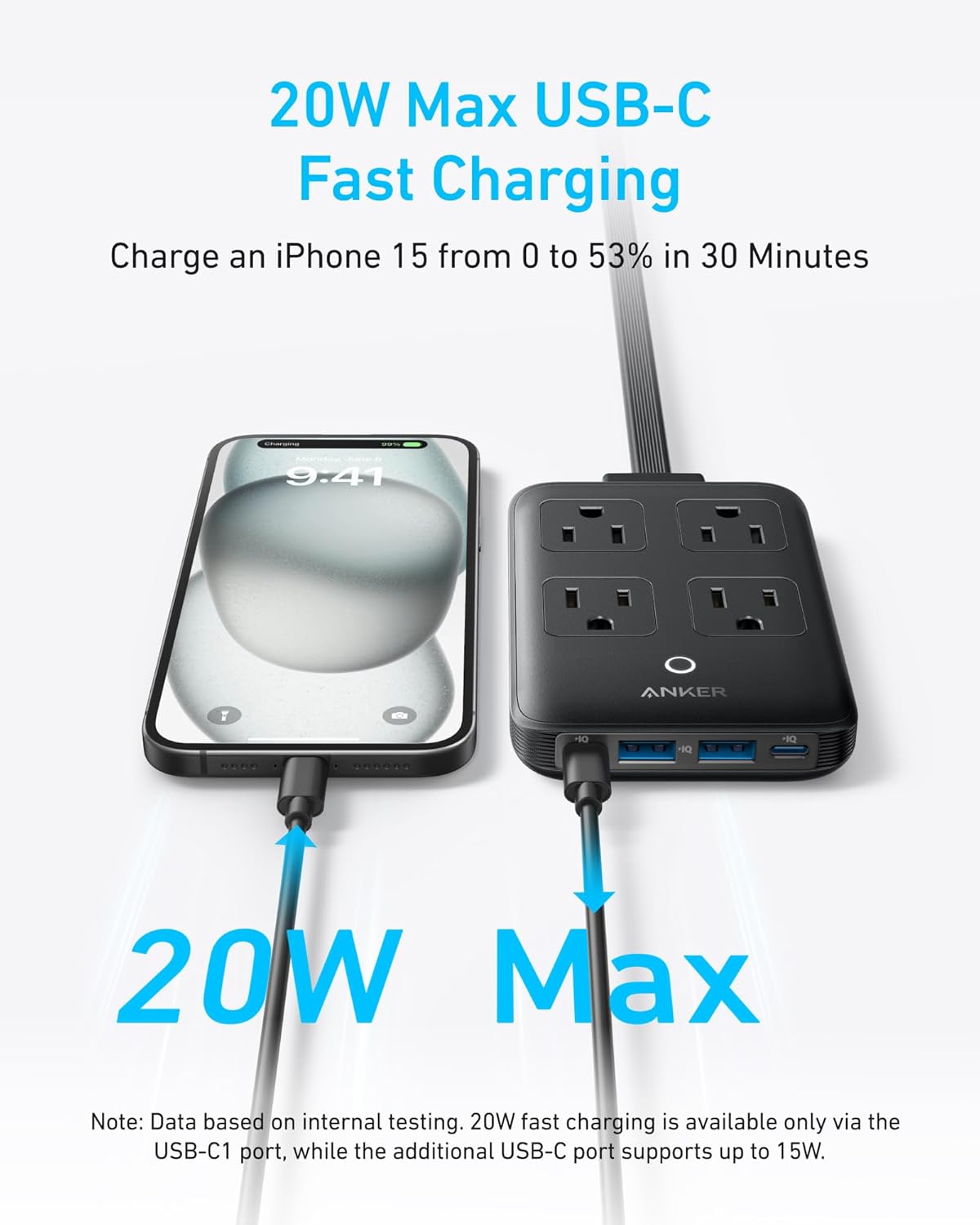 Anker 20W 8-in-1 15/14 5 4 2 2 Charging Station, Max USB-C Power Strip for iPhone and MacBook Air/Pro, ft Thin Cord