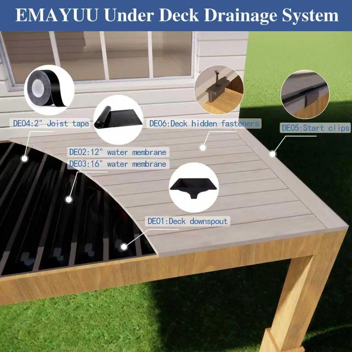 Emayuu 4PCS Black downspouts for Under Deck Drainage System, PE Deck downspouts Use for 12"&16" Joist Spacing DE01