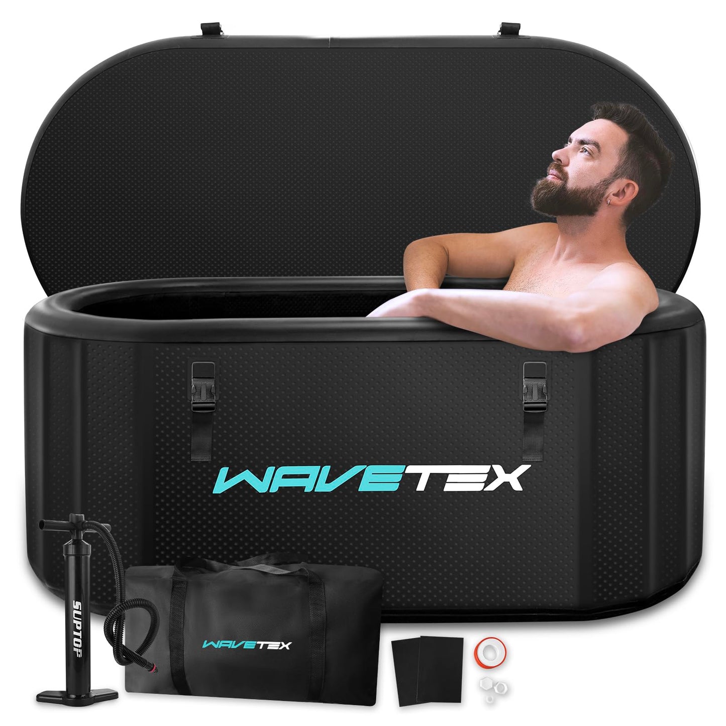 Inflatable Ice Bath Tub for Athletes Compatible with Water Chiller, Portable Recovery Tub with Lid, for Indoor & Outdoor Therapy Recovery, 59 L x 30" W x 28" H, Black (Oval)