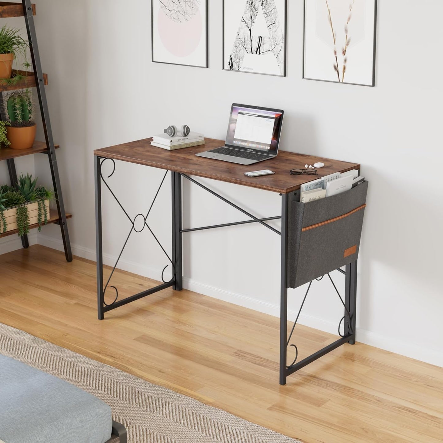 VECELO 39 Inch Folding Desk - Simple Assembly Writing Computer Desk for Home Office | Classic Brown