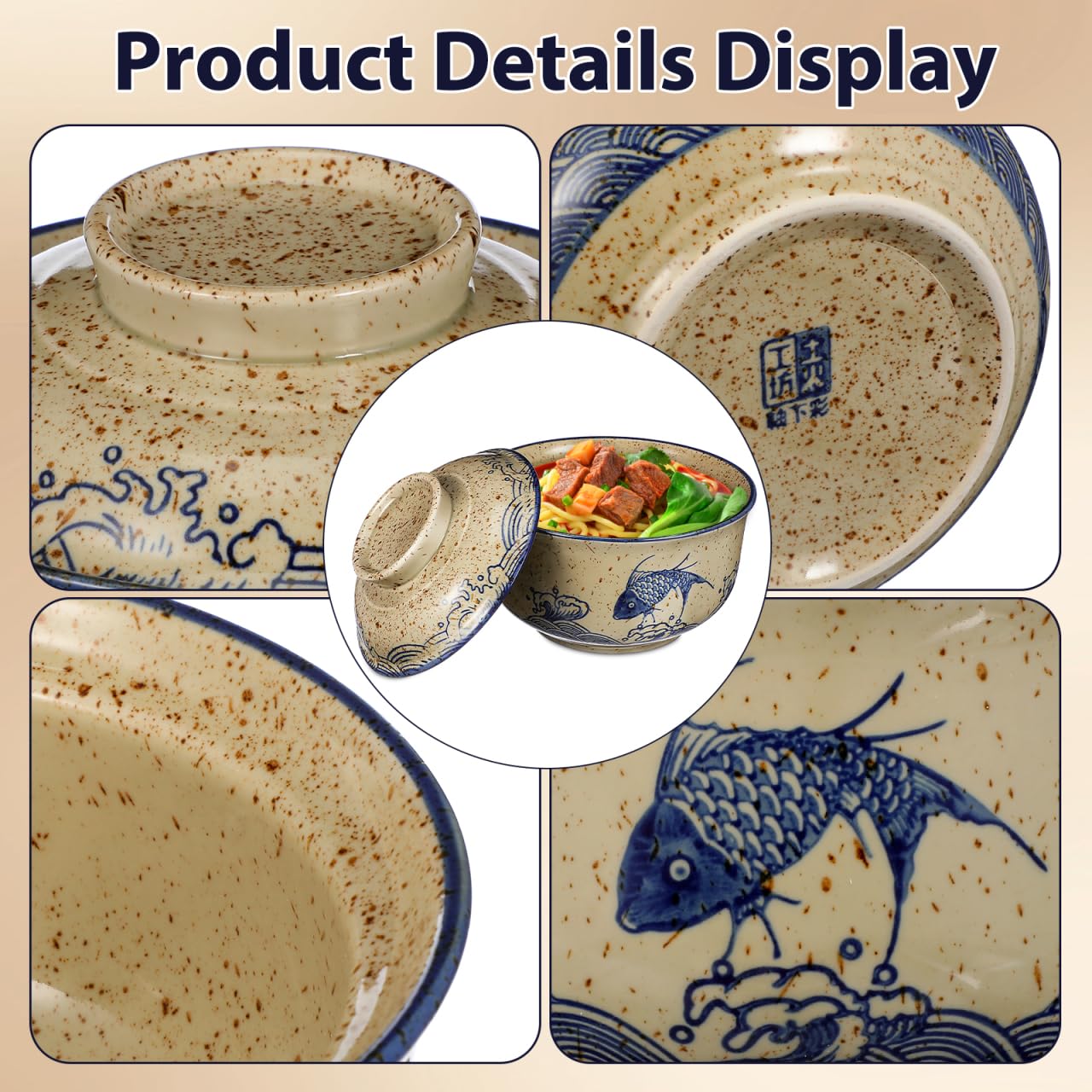 CALLARON 26 oz Ceramic Ramen Bowl, Japanese Noodle Bowls Set of 2, Large Soup Bowl with Lid, Spoons and Chopsticks, Vintage Ramen Dish for Pho, Udon, Noodles, 6 inch, Microwave Dishwasher Safe
