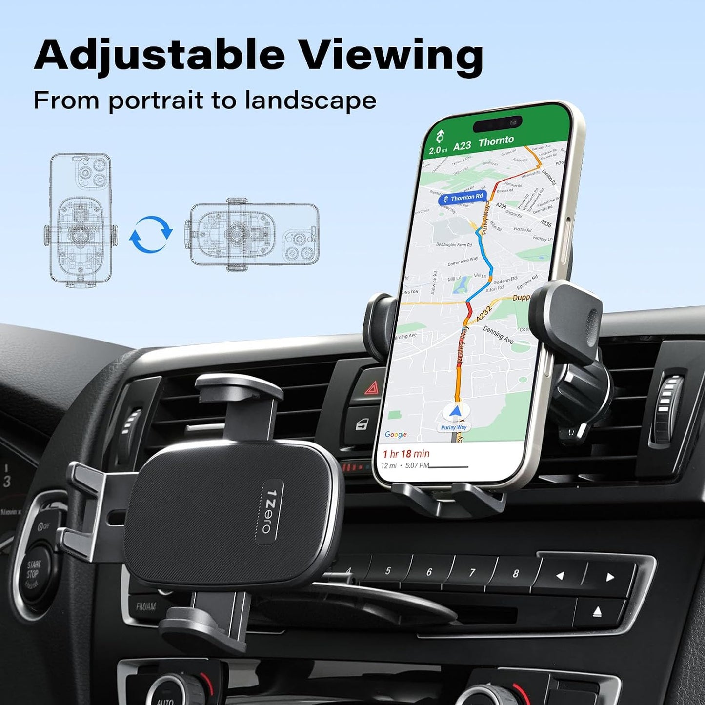 1Zero Easy One-Button Release CD Phone Holder for Car, Universal Air Vent & CD Slot Phone Mount, Thick Cases Friendly