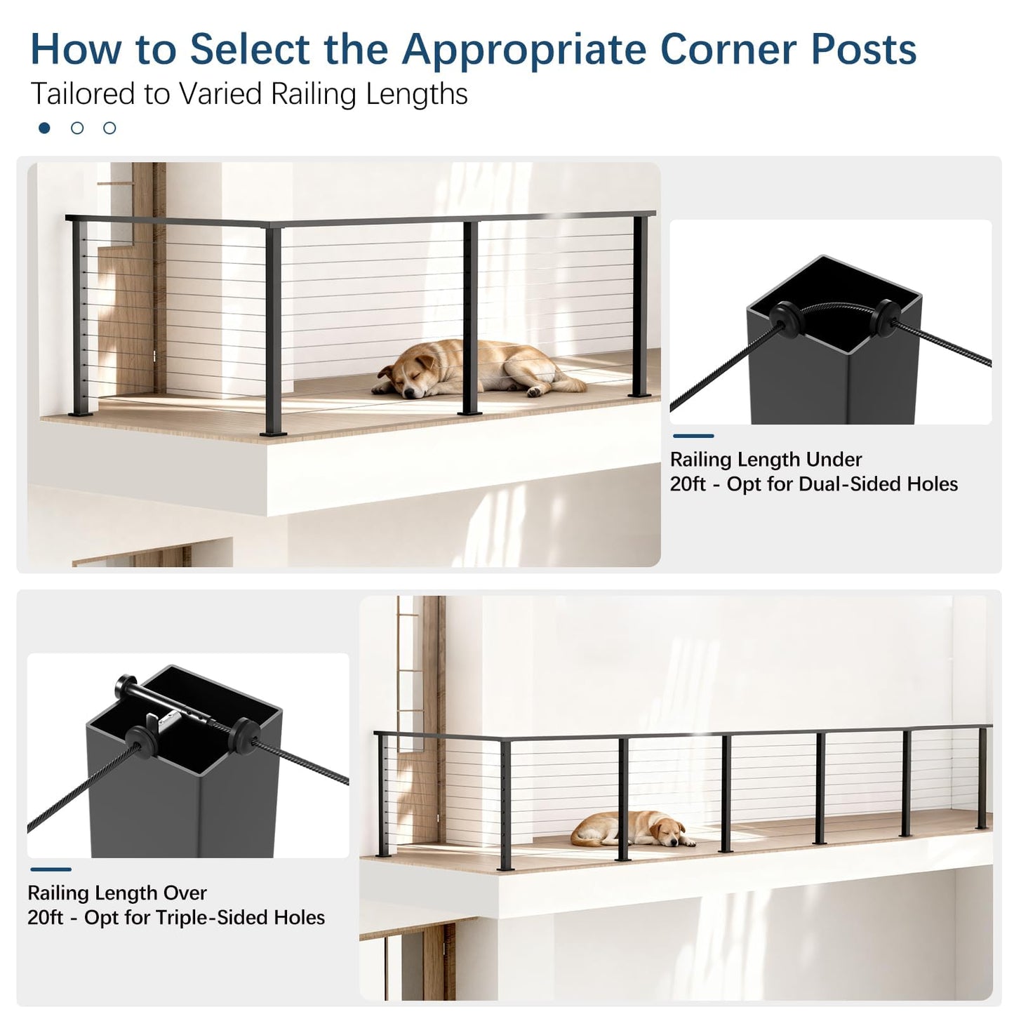 Gyykzz 36" Cable Railing Corner Post, L-Drilled Stainless Steel T304 Corner Rail Post, Upgraded Black Powder Coated One-Post Corner Solution, Wire Metal Post for Indoor Outdoor Deck Railing