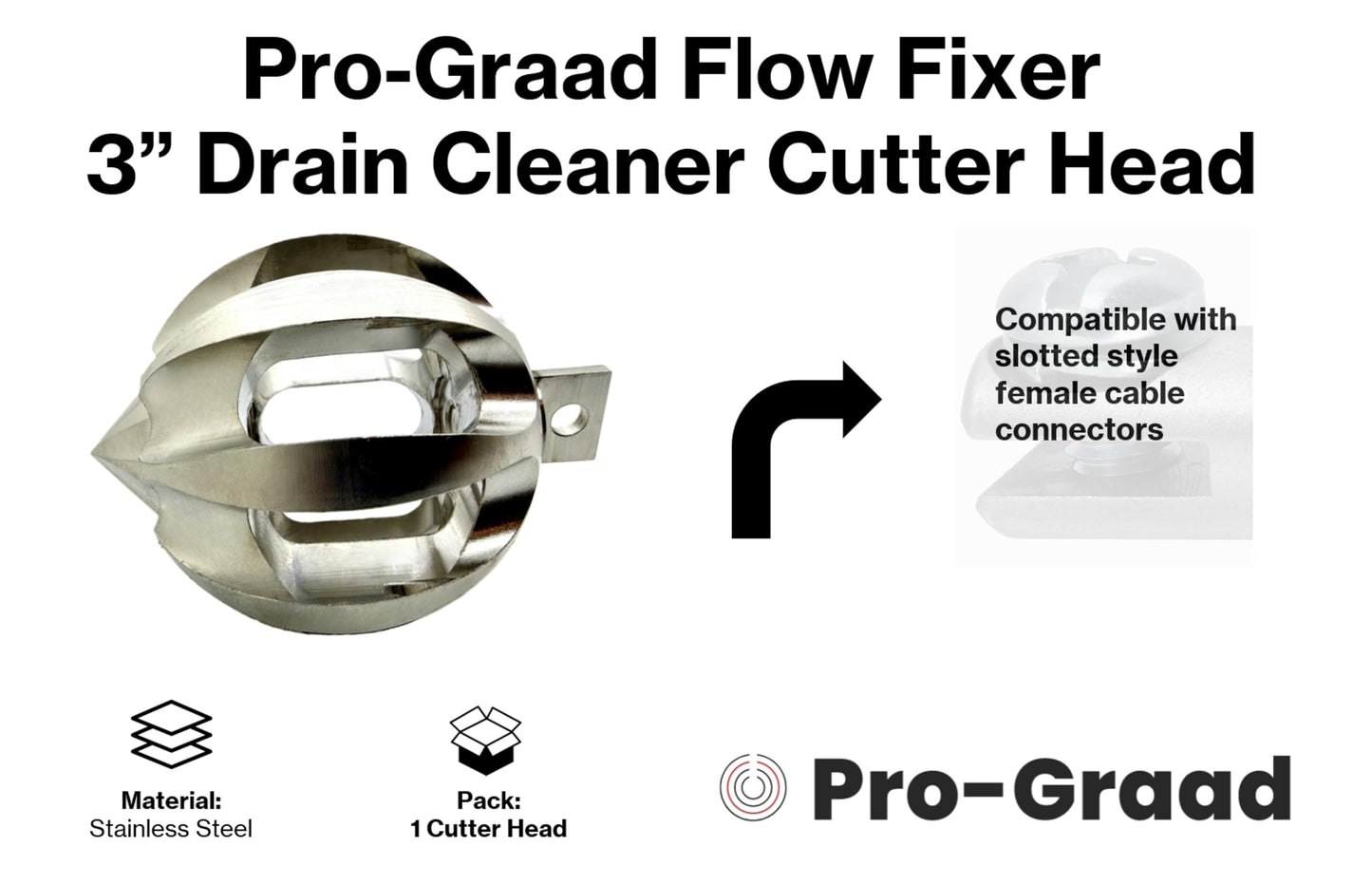 Pro-Graad Flow Fixer 3" Drain Cleaner Plumbing Snake Cutter Head for 4" – 6” Pipes, Clears & Scrapes Pipe Inner Walls, Fits 5/8” & 3/4" Cables, for Commercial & Residential Use